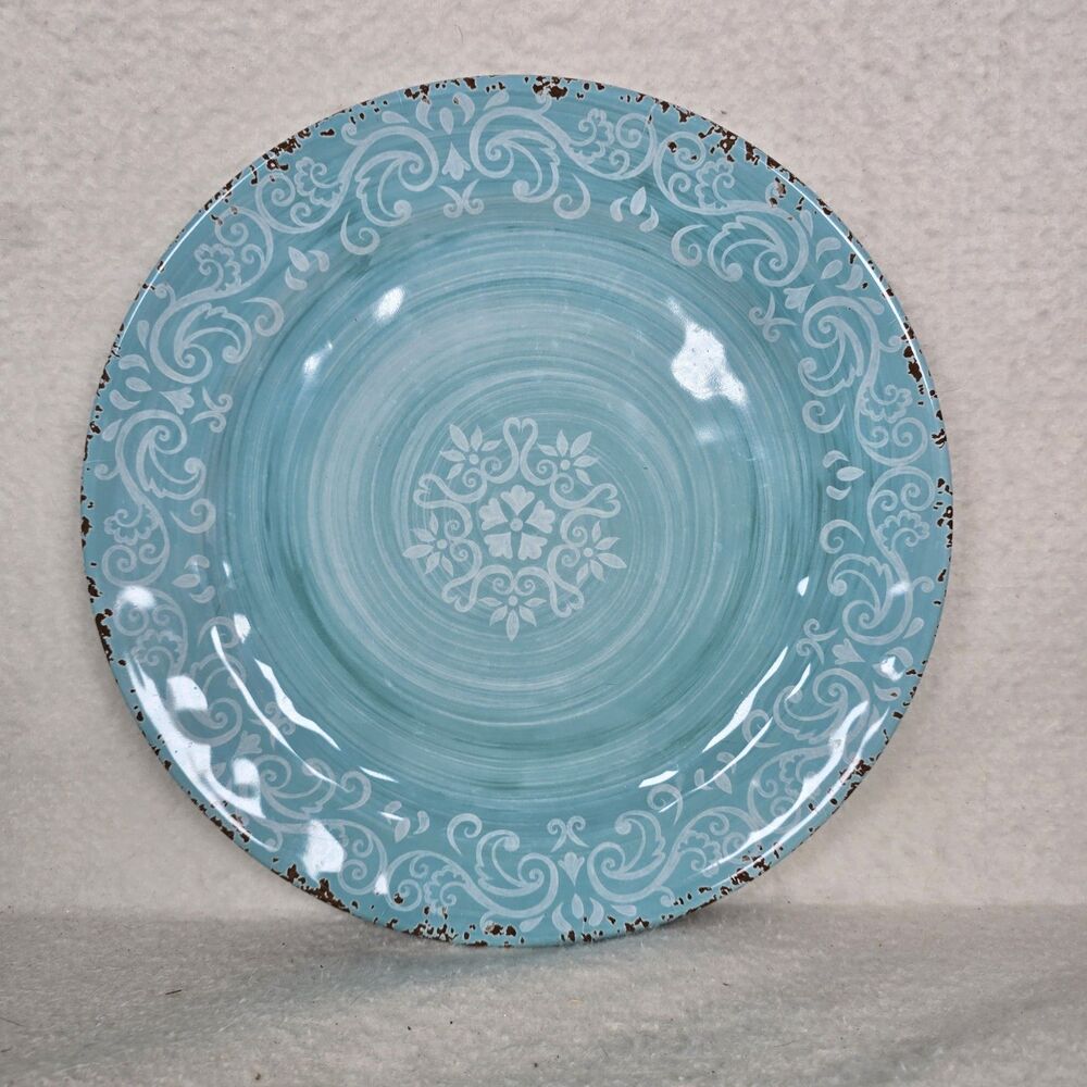 X4 Cynthia Rowley Dinner Plates Aqua Blue July Medallion Melamine Rustic